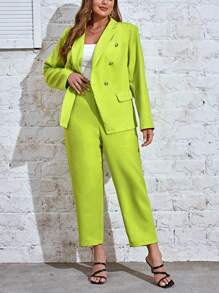 SHEIN Essnce Talla grande Pantalones con blazer de doble botonadura - Verde Lima - Ver 3
