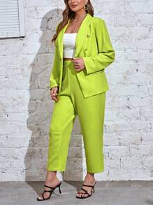 SHEIN Essnce Talla grande Pantalones con blazer de doble botonadura - Verde Lima - Ver 4