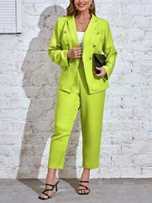SHEIN Essnce Talla grande Pantalones con blazer de doble botonadura - Verde Lima - Ver 5