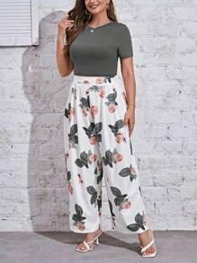 SHEIN LUNE Plus Solid Crop Tee & Floral Print Wide Leg Pants - Dark Grey - View 4