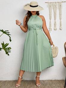 SHEIN Franclia Plus Pleated Hem Belted Halter Dress - Green - View 4