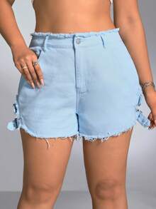 SHEIN ICON 大碼高腰扣眼扣飾側毛邊牛仔短褲 - 淺色水洗藍 - 查看 4