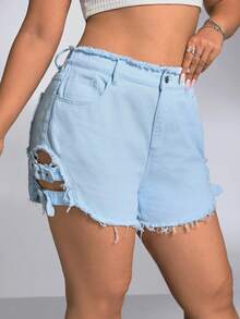 SHEIN ICON 大碼高腰扣眼扣飾側毛邊牛仔短褲 - 淺色水洗藍 - 查看 6