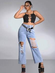 SHEIN ICON Plus Solid Ripped Detail Jeans Without Belt - Light Wash - View 3