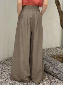 DAZY 素色斜口袋闊腿褲 - 摩卡棕 - 查看 2