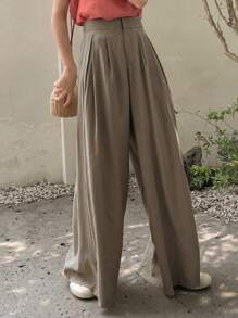 DAZY 素色斜口袋闊腿褲 - 摩卡棕 - 查看 3