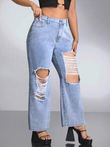 SHEIN ICON Plus Solid Ripped Detail Jeans Without Belt - Light Wash - View 5