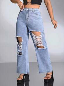SHEIN ICON Plus Solid Ripped Detail Jeans Without Belt - Light Wash - View 2