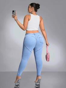 SHEIN ICON Plus High Waist Skinny Jeans - Light Wash - View 1