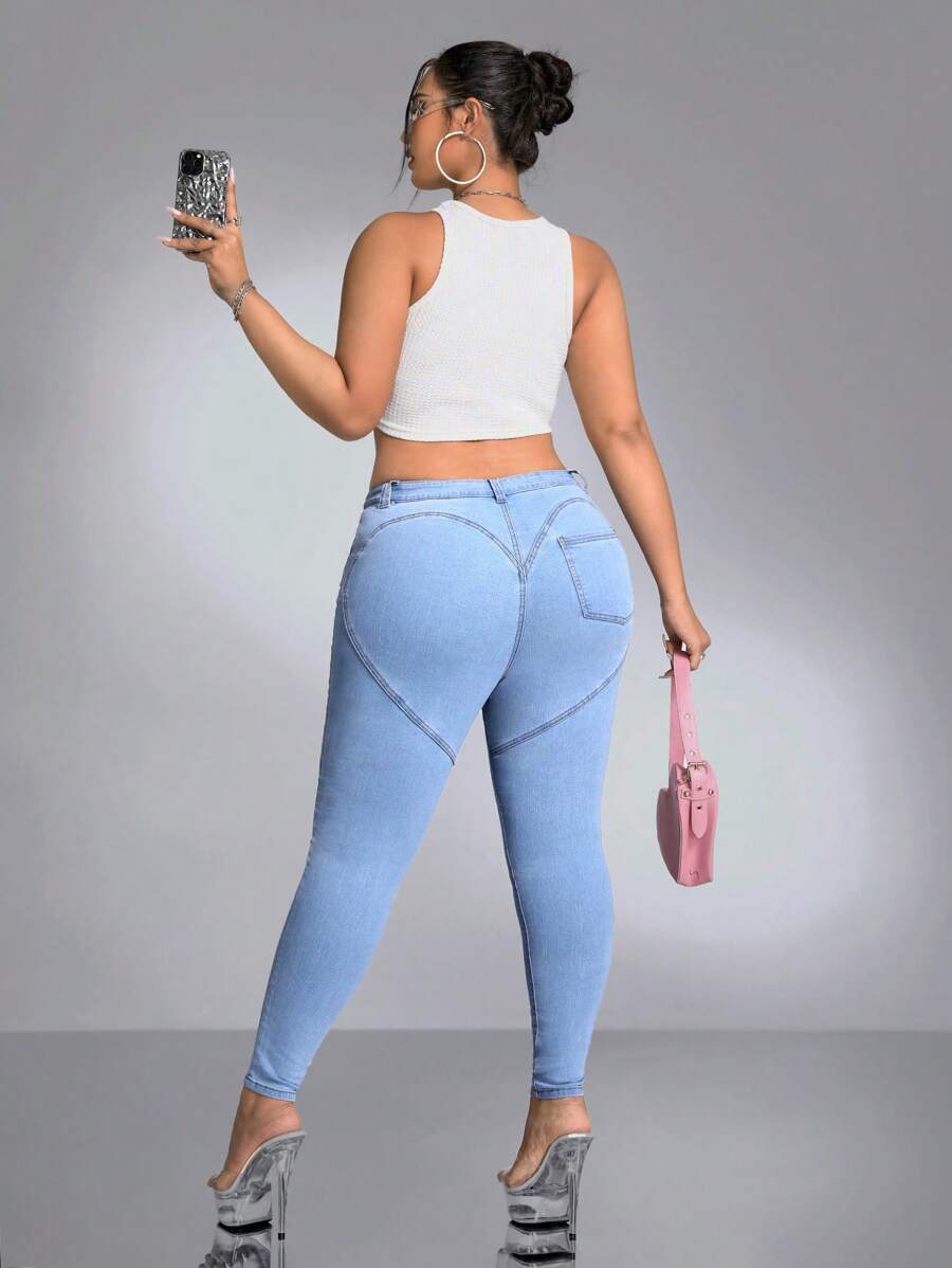 SHEIN ICON Plus High Waist Skinny Jeans - Light Wash - View 1