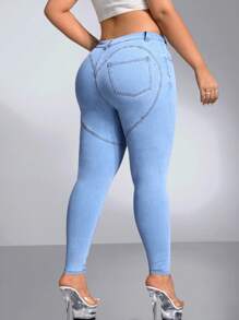 SHEIN ICON Plus High Waist Skinny Jeans - Light Wash - View 4