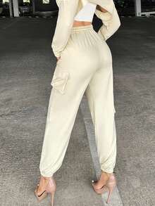 SHEIN SXY Drawstring Waist Flap Pocket Side Sweatpants - Beige - View 2