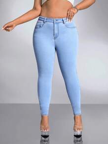 SHEIN ICON Plus High Waist Skinny Jeans - Light Wash - View 5