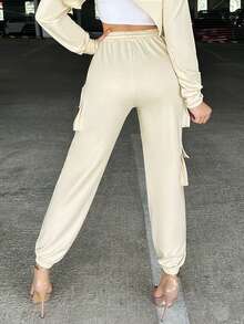 SHEIN SXY Drawstring Waist Flap Pocket Side Sweatpants - Beige - View 4