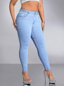SHEIN ICON Plus High Waist Skinny Jeans - Light Wash - View 6