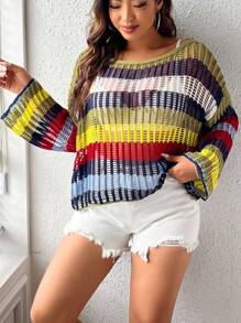 SHEIN Holidaya 大碼撞色落肩袖鏤空針織套頭毛衣不附文胸 - 彩色 - 查看 1