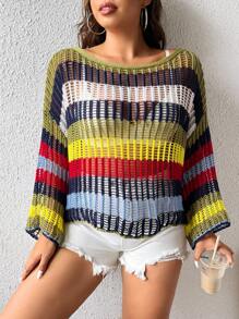 SHEIN Holidaya 大碼撞色落肩袖鏤空針織套頭毛衣不附文胸 - 彩色 - 查看 3