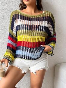 SHEIN Holidaya 大碼撞色落肩袖鏤空針織套頭毛衣不附文胸 - 彩色 - 查看 7