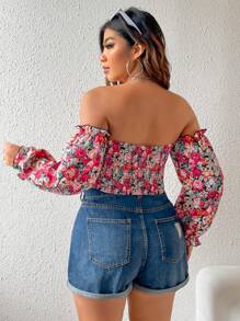 SHEIN Franclia 大碼印花一字肩荷葉袖短款襯衫 - 彩色 - 查看 2