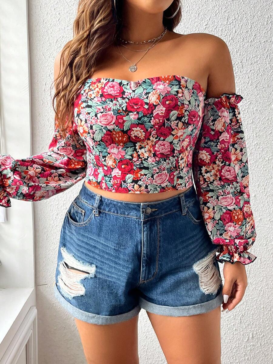 SHEIN Franclia 大碼印花一字肩荷葉袖短款襯衫 - 彩色 - 查看 1