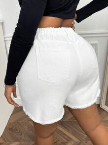 SHEIN EZwear Plus Ripped Raw Hem Denim Shorts - White - View 3