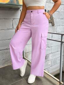 Flirla 大碼側翻蓋口袋工裝褲 - 紫色 - 查看 1