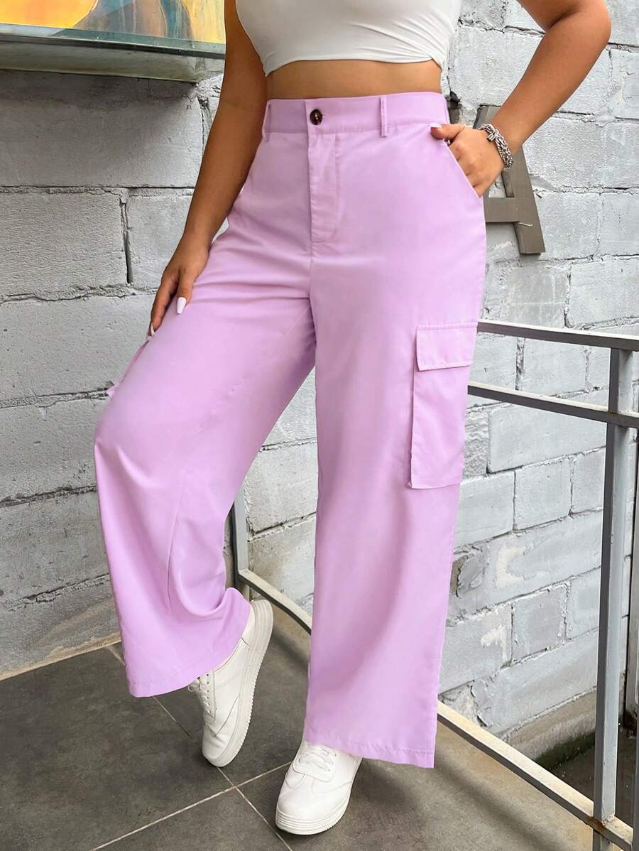 Flirla 大碼側翻蓋口袋工裝褲 - 紫色 - 查看 1