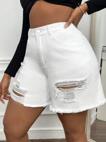 SHEIN EZwear Plus Ripped Raw Hem Denim Shorts - White - View 5