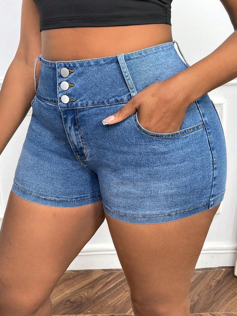 大碼高腰紐扣門襟牛仔短褲 - 淺色水洗藍 - 查看 1