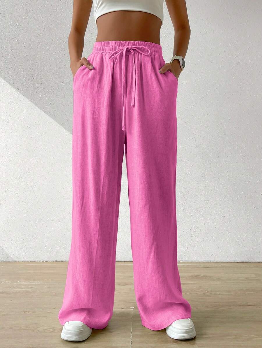 SHEIN EZwear Drawstring Waist Wide Leg Trousers - Hot Pink - View 1