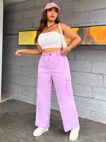 Flirla 大碼側翻蓋口袋工裝褲 - 紫色 - 查看 4