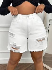 SHEIN EZwear Plus Ripped Raw Hem Denim Shorts - White - View 1
