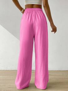 SHEIN EZwear Drawstring Waist Wide Leg Trousers - Hot Pink - View 2