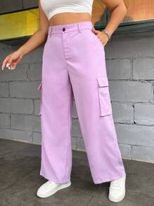 Flirla 大碼側翻蓋口袋工裝褲 - 紫色 - 查看 5