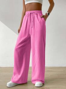 SHEIN EZwear Drawstring Waist Wide Leg Trousers - Hot Pink - View 3