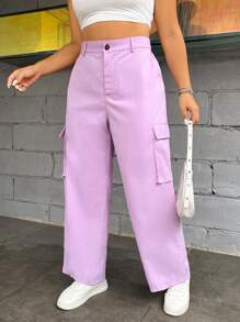 Flirla 大碼側翻蓋口袋工裝褲 - 紫色 - 查看 6