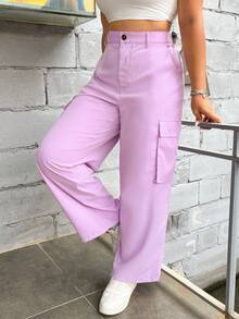 Flirla 大碼側翻蓋口袋工裝褲 - 紫色 - 查看 7