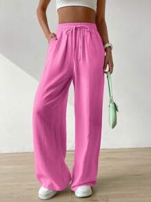 SHEIN EZwear Drawstring Waist Wide Leg Trousers - Hot Pink - View 4