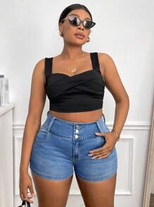 大碼高腰紐扣門襟牛仔短褲 - 淺色水洗藍 - 查看 5