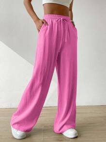 SHEIN EZwear Drawstring Waist Wide Leg Trousers - Hot Pink - View 6