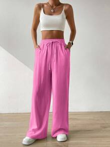 SHEIN EZwear Drawstring Waist Wide Leg Trousers - Hot Pink - View 7