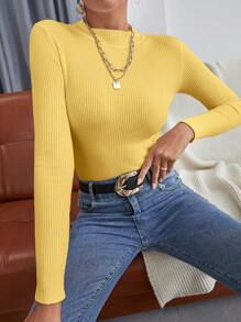 INAWLY Mock Neck Ribbed Knit Sweater,Long Sleeve Tops Knit Pullover Fall Winter Sweater - Yellow - View 3