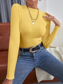 INAWLY Mock Neck Ribbed Knit Sweater,Long Sleeve Tops Knit Pullover Fall Winter Sweater - Yellow - View 4