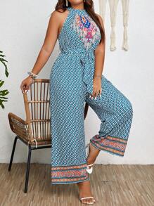 SHEIN Clasi 大碼滿版印花腰帶繞頸連體褲 - 綠色 - 查看 1