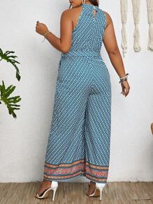 SHEIN Clasi 大碼滿版印花腰帶繞頸連體褲 - 綠色 - 查看 2