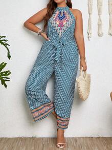 SHEIN Clasi 大碼滿版印花腰帶繞頸連體褲 - 綠色 - 查看 3