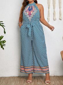 SHEIN Clasi 大碼滿版印花腰帶繞頸連體褲 - 綠色 - 查看 4