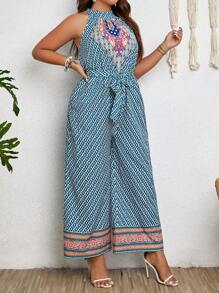 SHEIN Clasi 大碼滿版印花腰帶繞頸連體褲 - 綠色 - 查看 5