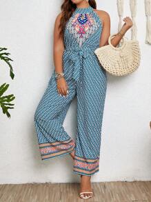 SHEIN Clasi 大碼滿版印花腰帶繞頸連體褲 - 綠色 - 查看 7