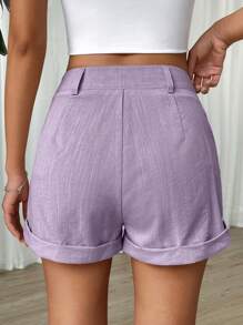 Muchica High Waist Roll Up Hem Shorts - Purple - View 2